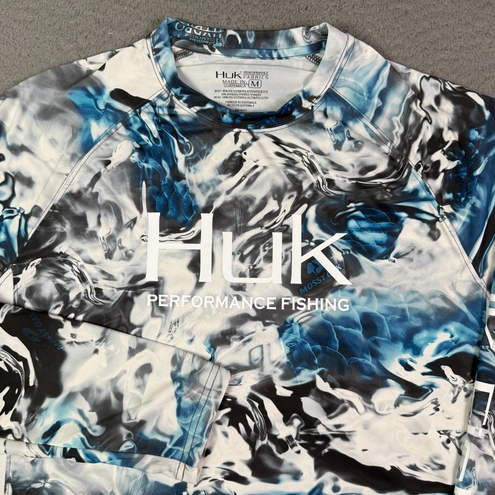 HUK Mossy Oak Hydro Pursuit Element Fishing Shirt Mens M Blue Camo Long Sleeve